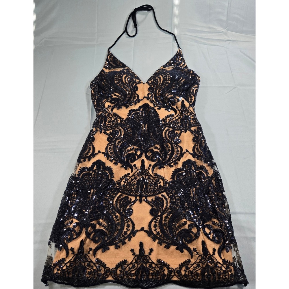 GB Black Sequin Damask Halter Mini Dress Nude Lining Size 11 GBS170704